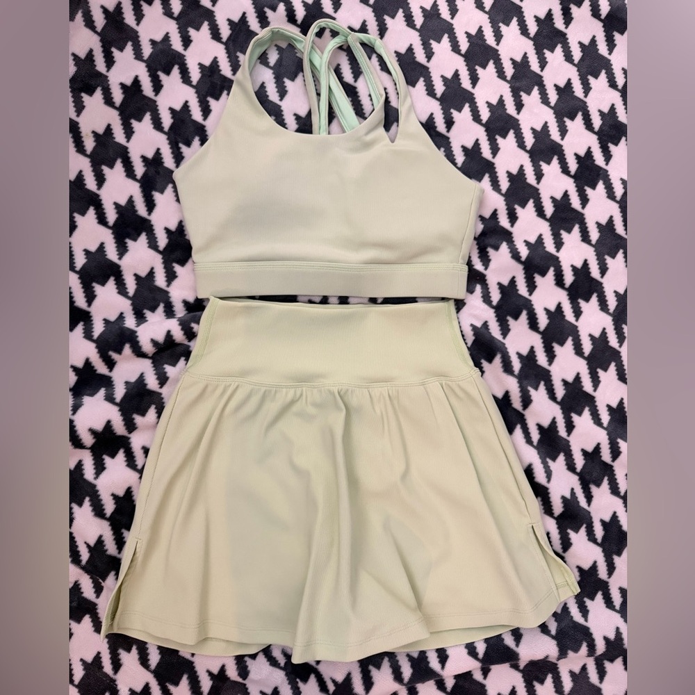 Salt Project Refine Ribbed Cross My Heart Bra & Adore You Skirt in color Matcha